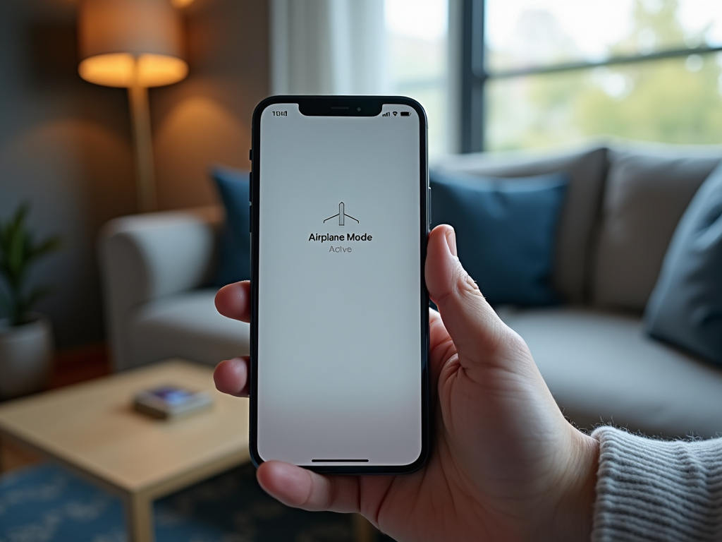 Рука держит смартфон с включённым режимом полёта на экране, на фоне уютной гостиной.